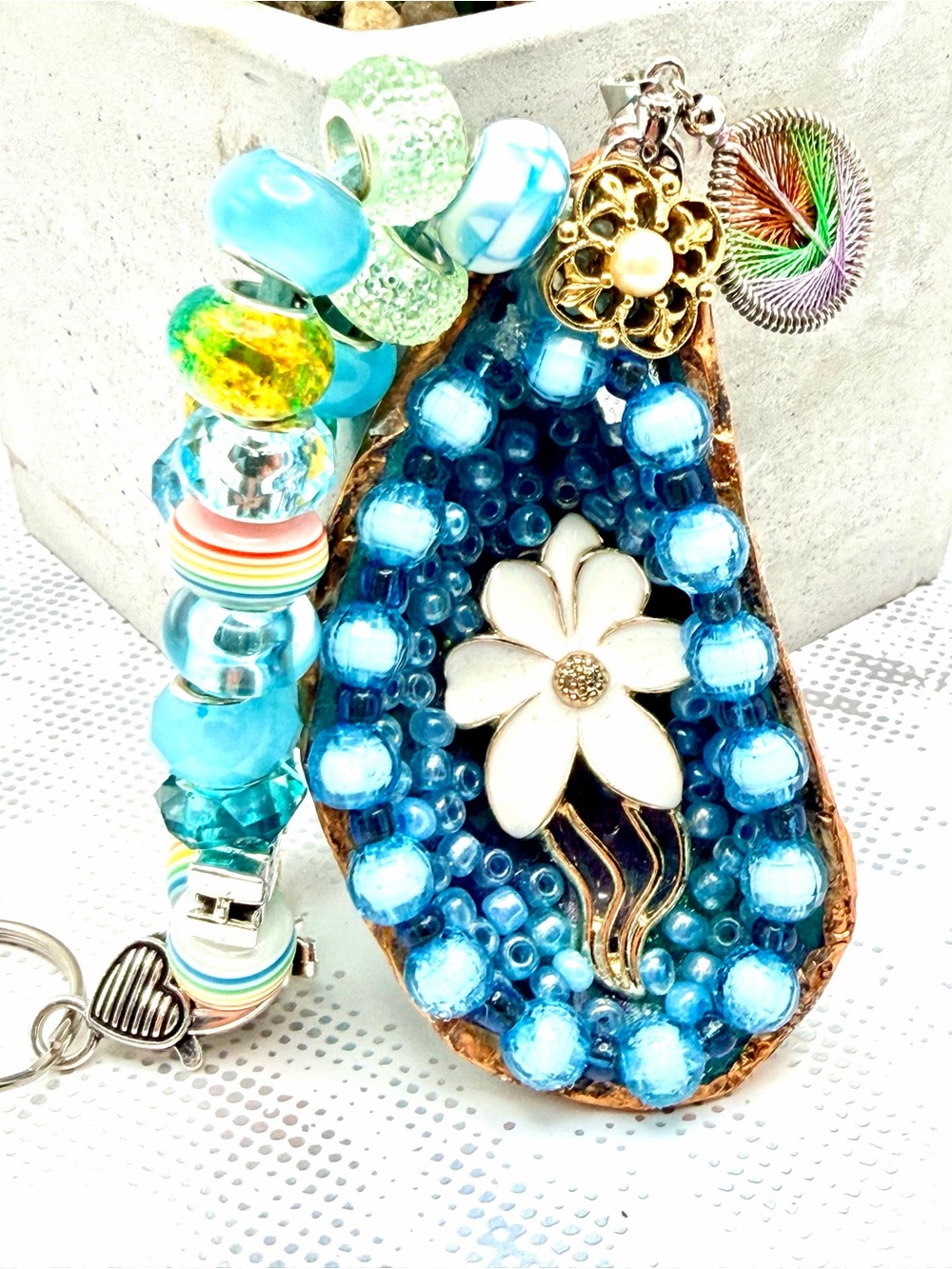 Mussel Shell Handcrafted Blue Beaded Floral Teardrop Keychain Charm